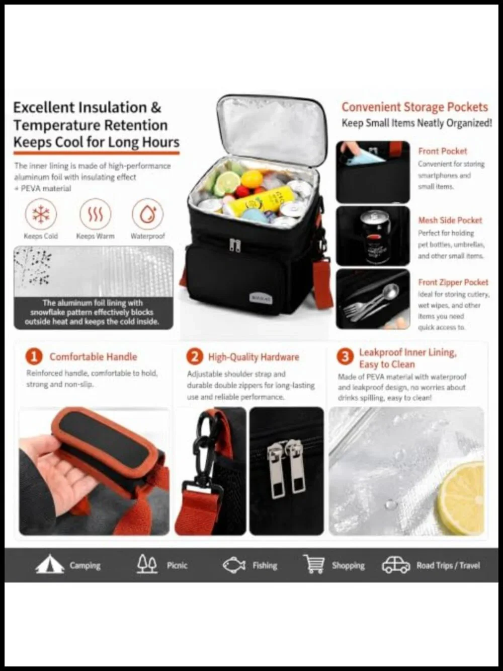 Insulated Lunch Bag Backpack Cooler Waterproof Leakproof Large Capacity Portable